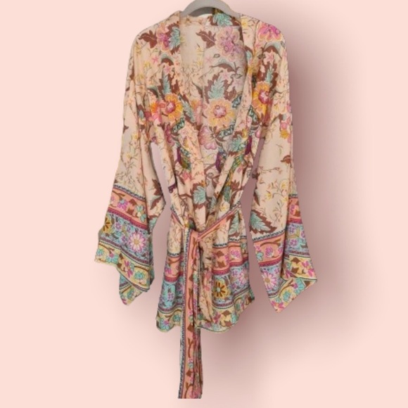 Boho bikini cover up top kimono gypsy style floral wide sleeve peacock - Picture 3 of 6